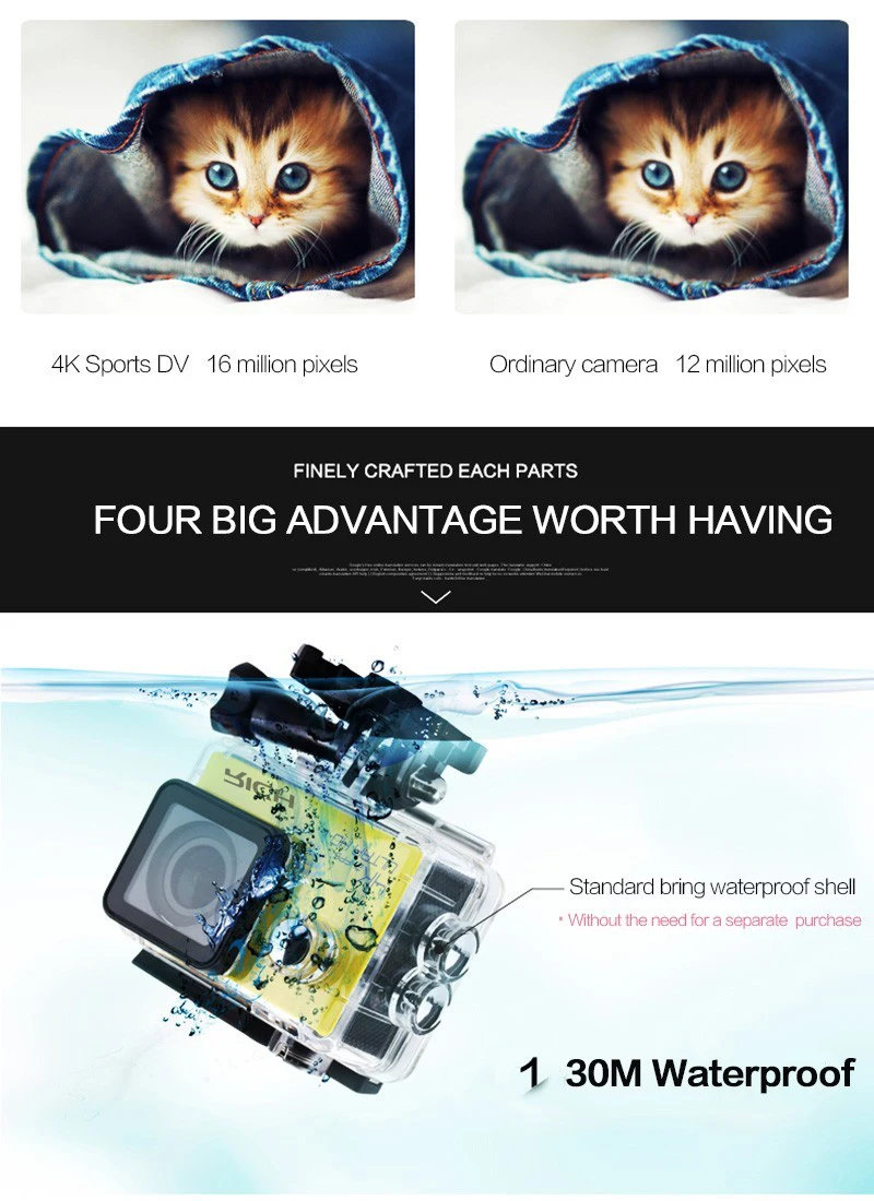 DHL Sport Camera NT96660 4K 24fps ULTRA HD 16MP WiFi 30M Waterproof Action camera Aluminum Extendable Pole Stick+camera bag light action camera