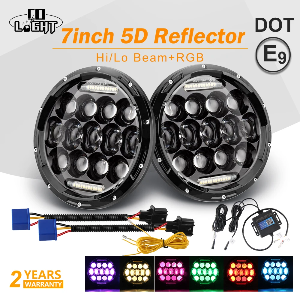  CO LIGHT 5D Multicolor 7 inch Led Headlight RGB 150W Custom Color Bluetooth Hi/Lo Led 12V 24V for J - 32958481201