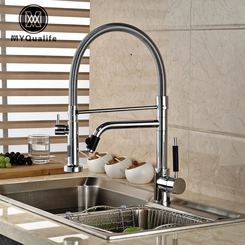 

Chrome Spring Pull Down Kitchen Mixer Faucet Deck Mount 360 Rotation Side Spout Dual Spryaer Kitchen Hot and Cold Taps
