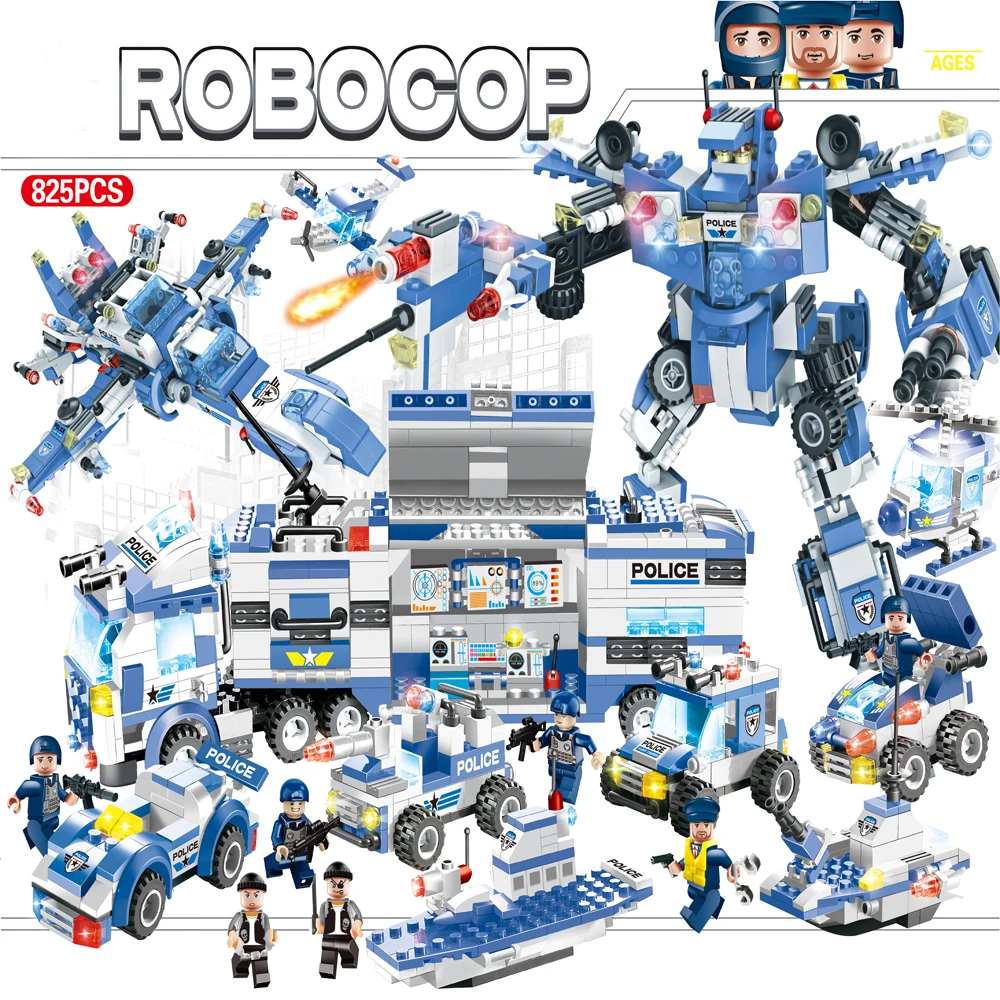 

825pcs 8 In 1 City Police Series SWAT Building Blocks Kids Assembling Weapons Aircraft Car Robot Toy Compatible with Legoed