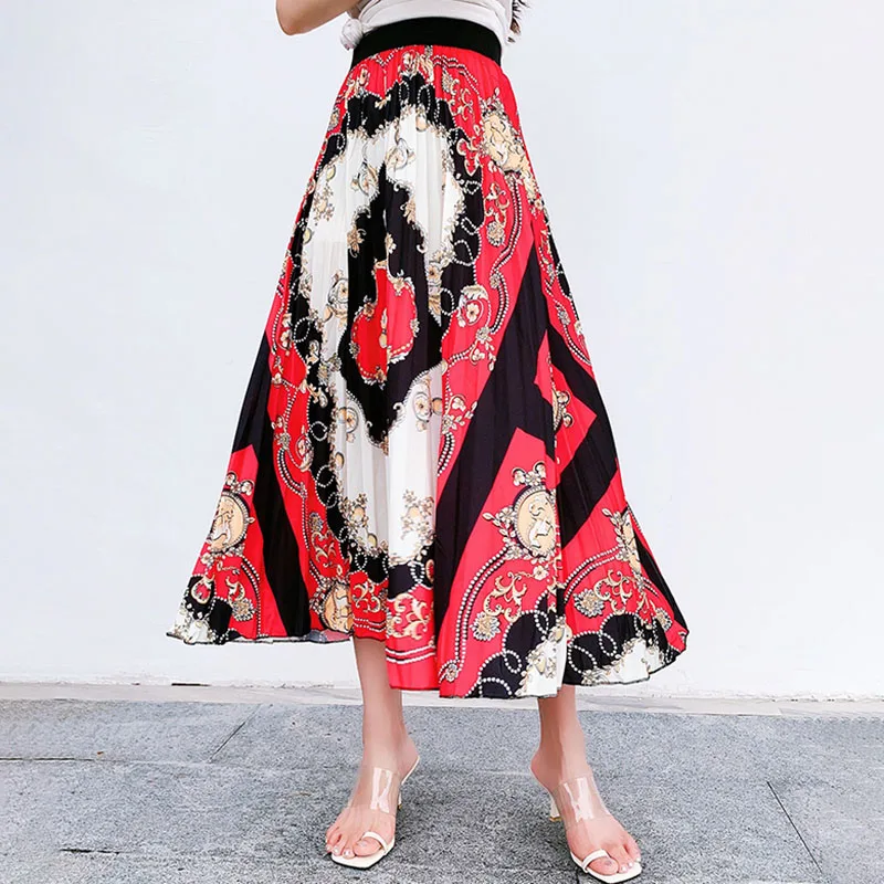 

Flower Print Beach Boho Skirt Plus Size Long Maxi Skirt Summer Elastic Waist Pleated Skirt Korean Vintage Streetwear A-Line