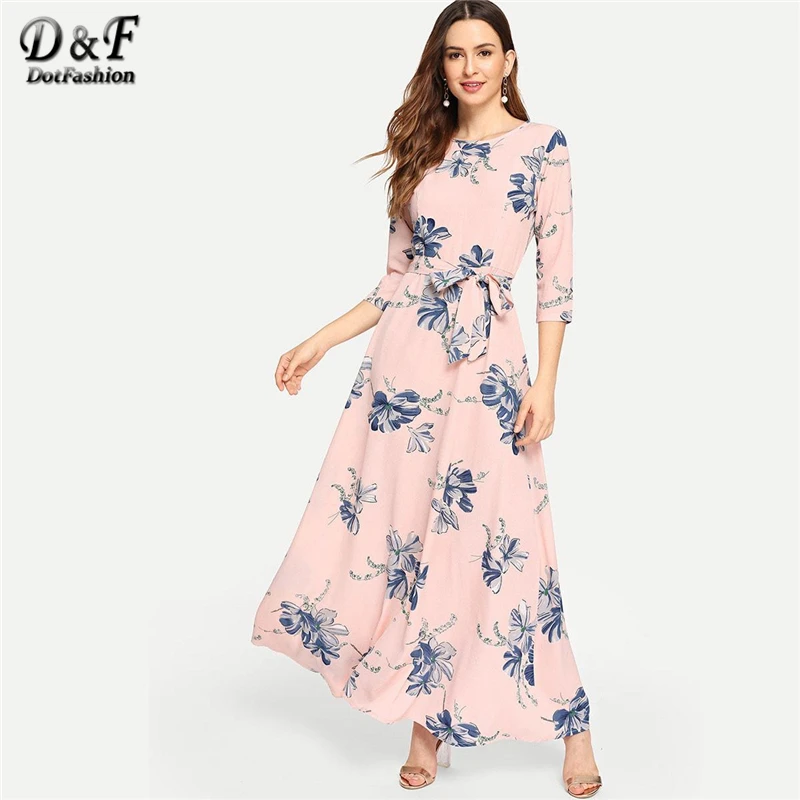 

Dotfashion Pink Floral Print Self Tie Waist Dress Women Clothes 2019 High Quality Autumn A Line Elegant 3/4 Sleeve Maxi Dresses
