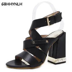 Gbhhynlh римские босоножки на каблуках сандалии Для женщин Летние женские туфли с открытым носком высокий толстый каблук вечерние свадебные