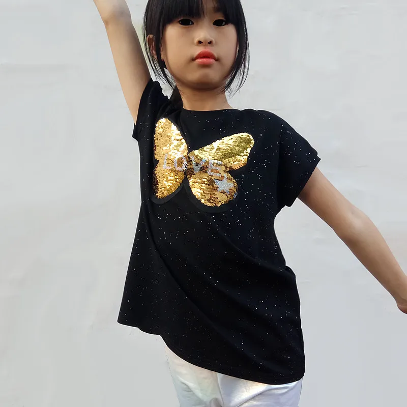 Летняя футболка с блестками для девочек детский хлопковый топ с блестками, бабочка с блестками, Париж, футболка для девочек, Повседневная футболка с блестками для крупных девочек