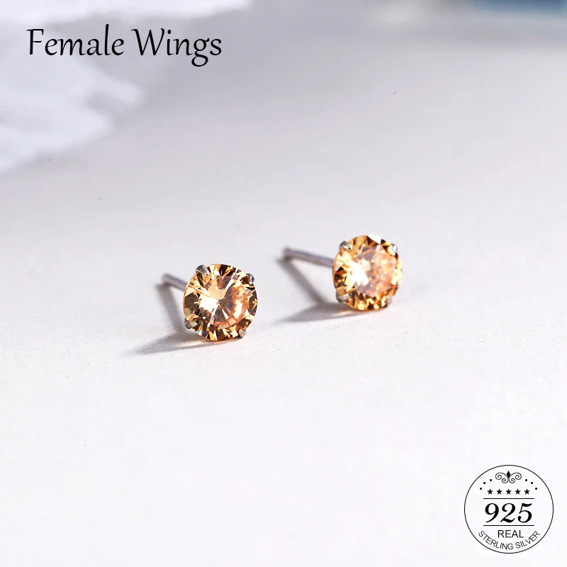 

Female Wings Authentic 100% 925 Sterling Silver Earrings Romantic Champagne CZ Stud Earrings for Girls Women Fine Jewelry FE102