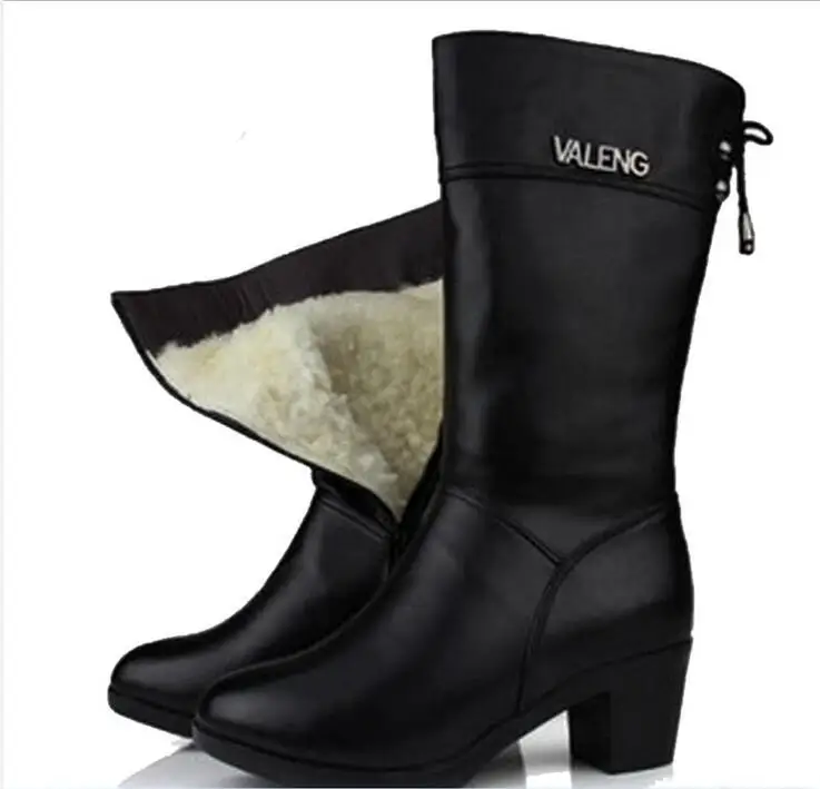 Высокое качество, Воловья кожа, плюш/шерсть, женская обувь, ботинки из натуральной кожи, размера плюс, зима, труба зимние ботинки, женские ботинки - Цвет: inside wool black