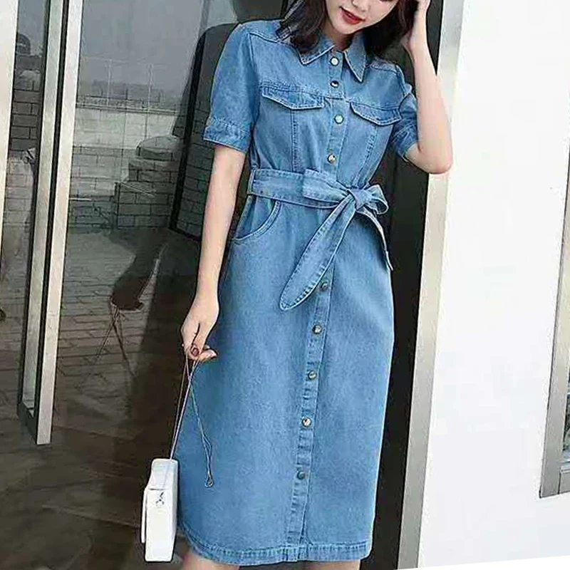 Women Denim dress Pockets Cowboy Lace Up dress women dress 2019 summer style loose high waist bandage Mid Dress Jeans Women Denim dress Pockets Cowboy Lace Up dress women dress 2019 summer style loose high waist bandage Mid Dress Jeans