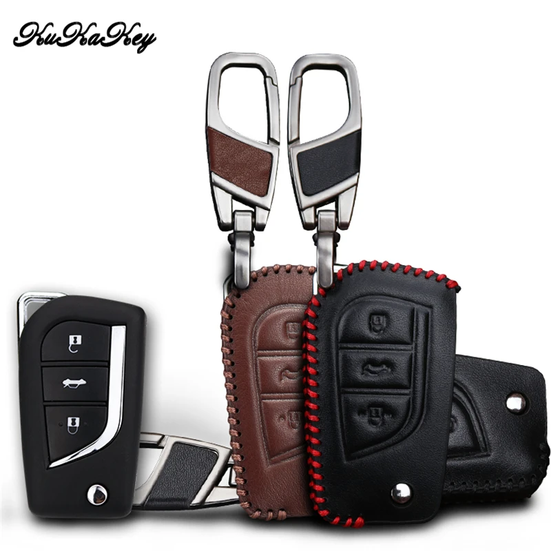 Kukakey Genuine Leather Car Key Case Protector Fit For Toyota Yaris