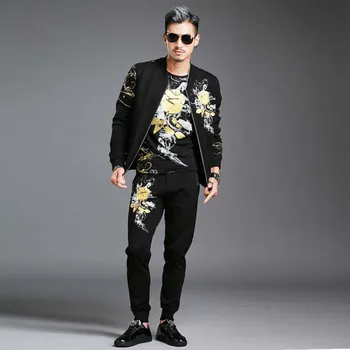 

Autumn Men's Fashion Hoodies Set with Joggers Pants 2 Piece Set Floral Gilding Tracksuit Men Pants Sweatshirt Jacket Clothing