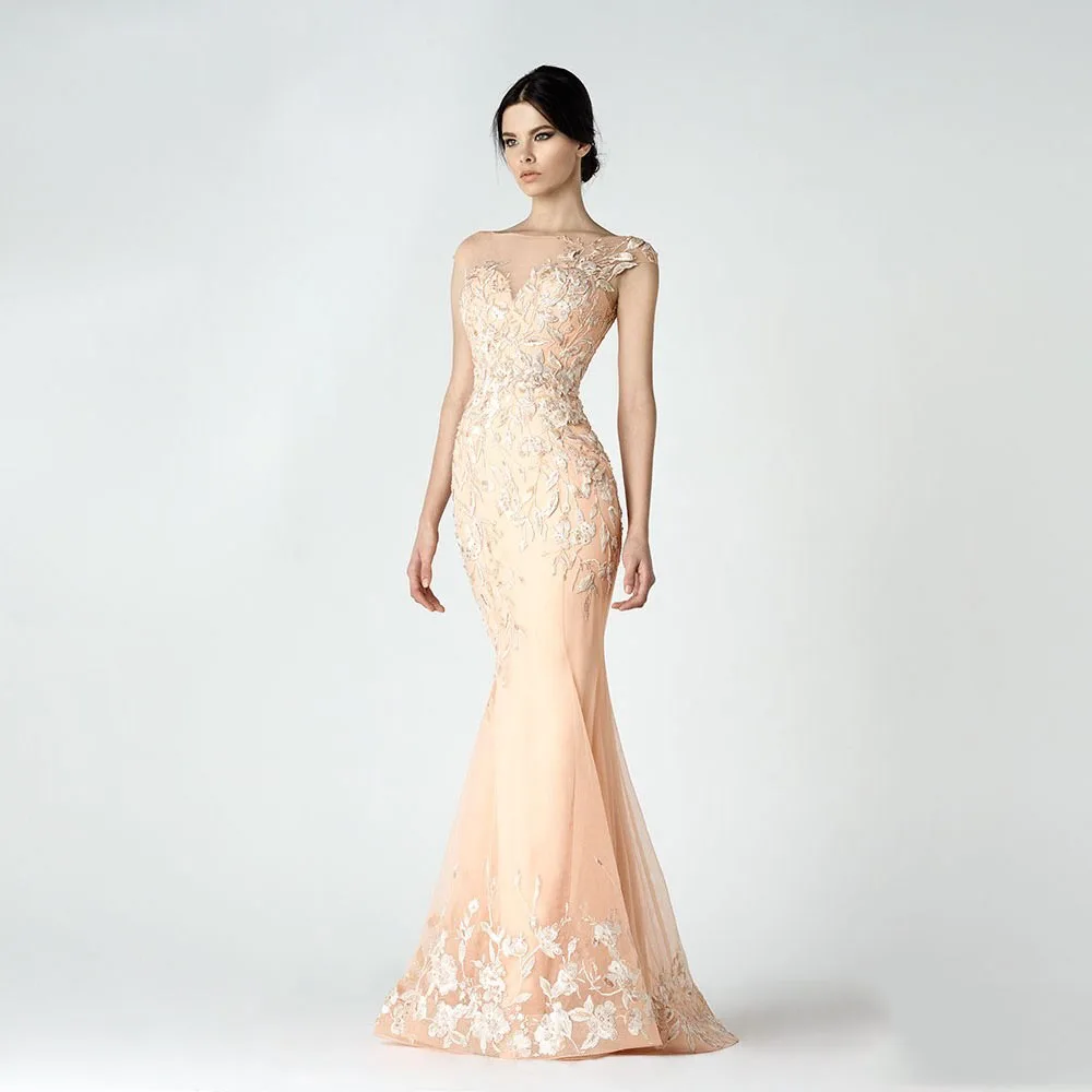 peach color evening gowns