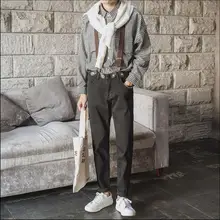 Летом отверстие свободные джинсы подтяжки Мужская Штаны узкие обтягивающие штаны подростковые мужской сплошной цвет комбинезон парикмахера брюки