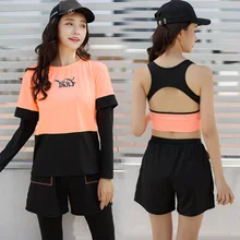 2018 New Women Yoga Set Solid Sport Suits Long Sleeve Fitness Breathable Yoga Shirt Sports Bra Short Running Pants 4 Pieces Set