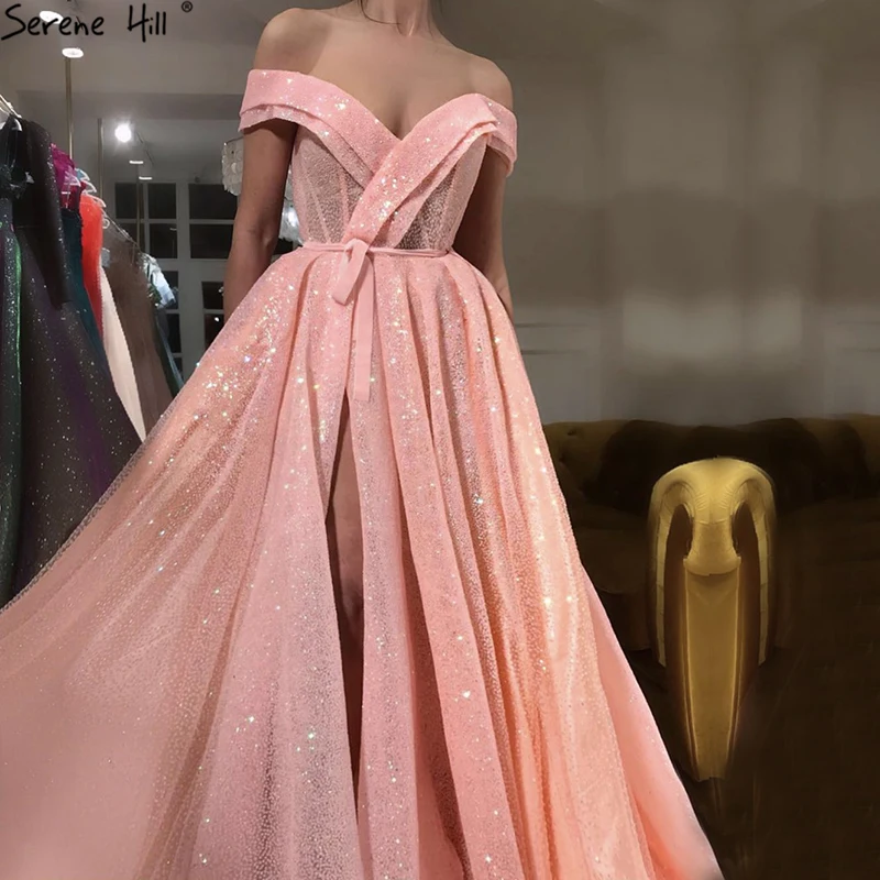 

Peach Pink Luxury Sparkle Tulle Evening Dresses Sequined Off Shoulder Sexy Fashion Evening Gowns 2019 Serene Hill LA6505