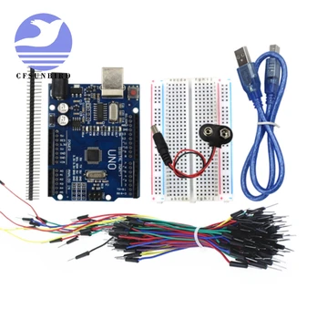 

CFsunbird Starter Kit Uno R3 - Bundle of 5 Items: Uno R3, Breadboard, Jumper Wires, USB Cable and 9V Battery Connector