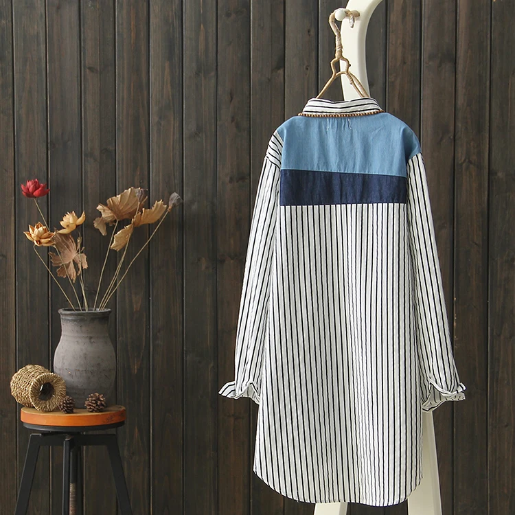 2019 جديد 100% القطن المرأة بلوزة و القمصان بدوره إلى أسفل طوق طويل مخطط التطريز فضفاض سيدة قمصان أبلى معطف قمم