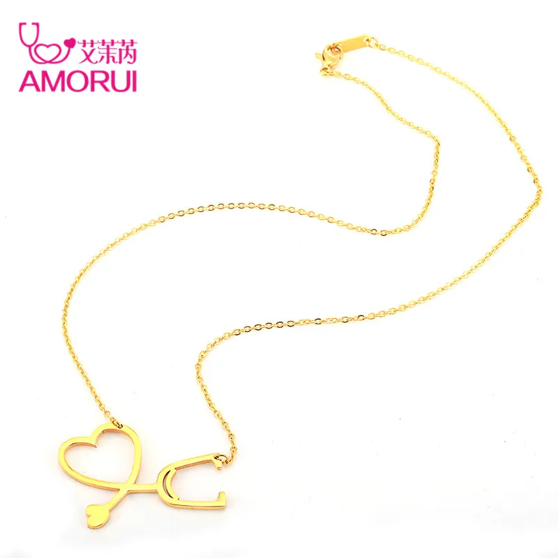AMORUI Women Love Heart Necklaces Gold Silver Stethoscope Collar Chain Necklace Jewelry Women Necklaces Pendants Collares Mujer