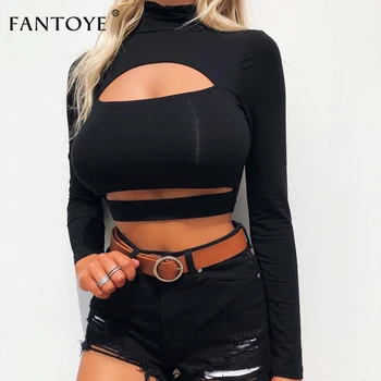 

Fantoye Casual Turtleneck Long Sleeve Hollow Out Women T Shirts Long Sleeve Crop Top 2018 Autumn Winter Clubwear Pullover Tops