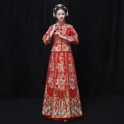 Высокое качество Для женщин со стразами Qipao Винтаж Азиатский Свадебное платье изысканной вышивкой цветочный китайский Стиль Cheongsam