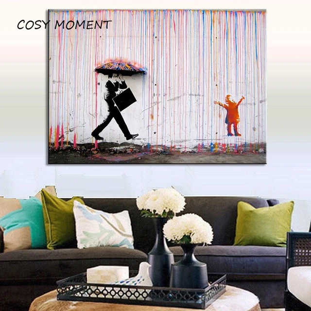 Us 7 74 35 Off Cosy Moment Banksy Art Prints Colorful Rain Canvas Painting Poster Wall Decor For Living Room Zs024 In Cosy Moment Banksy Art Prints Colorful Rain Canvas Painting Poster Wall Decor For Living Room Zs024