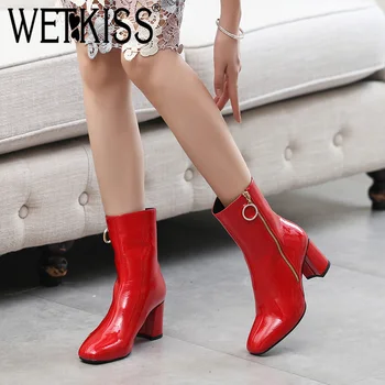 

WETKISS Patent Pu Women Ankle Boots Zip Square Toe Footwear Fur High Heels Female Boot Fashion Shoes Women 2018 Plus Size 34-42