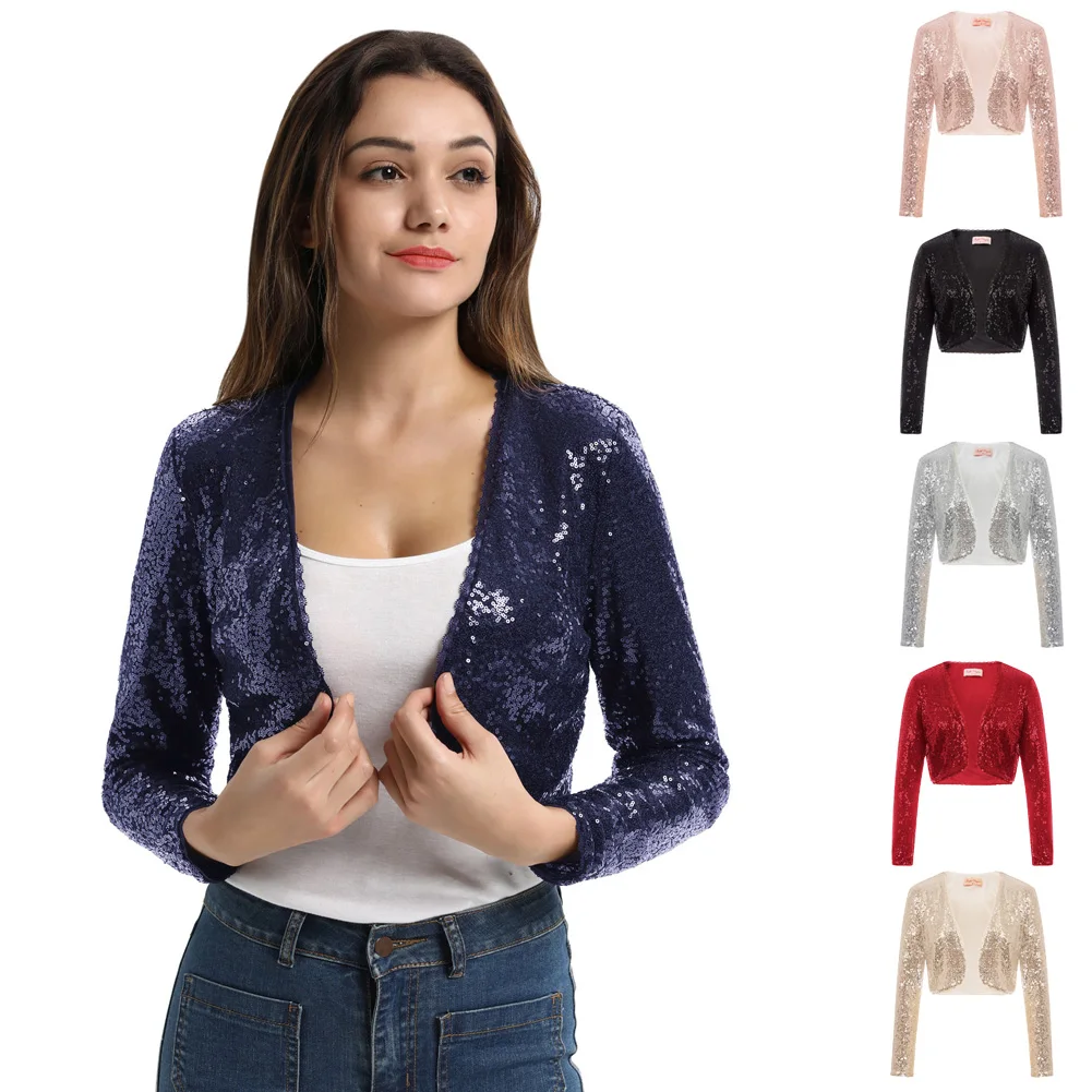 amazing  Women Coat Shining Sequined Long Sleeve Cropped Length Open Front Bolero Shrug