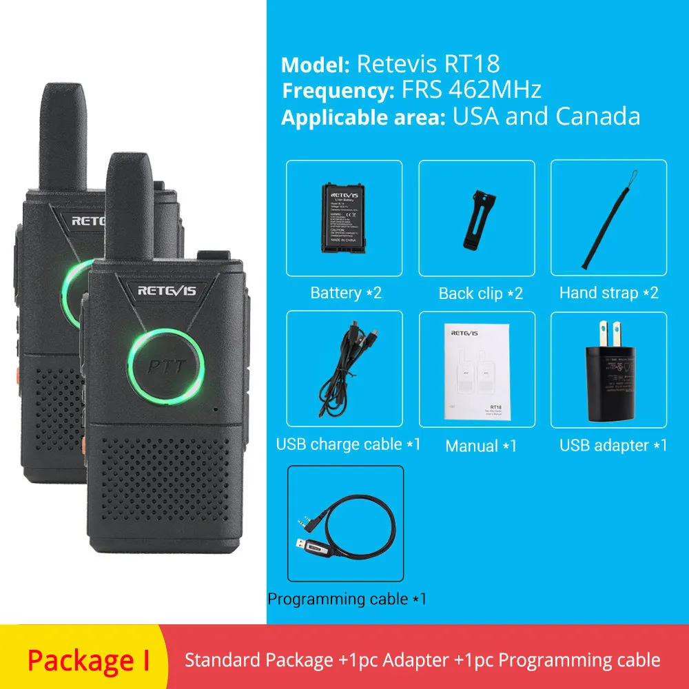FRS RT18-Package I RETEVIS RT618/RT18 PMR радио перезаряжаемая мини рация 2 шт. PMR446 PMR 446 FRS Dual PTT VOX двухсторонняя рация - Цвет: FRS RT18-Package I