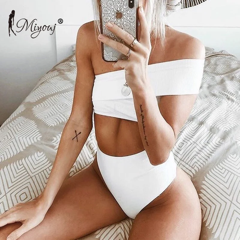

Miyouj Sexy One Shoulder Bikini 2019 Push up Swimsuit Female Solid Swimwear Bathing Suit Women Bandeau Biquini High Cut Bikinis