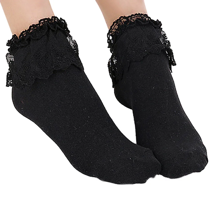 Lolita Shoes Women's Retro Lace Ruffle Ankle Socks - Frilly Princess School Socks (Multi-Colored) Ruffle Socks - Foto 5