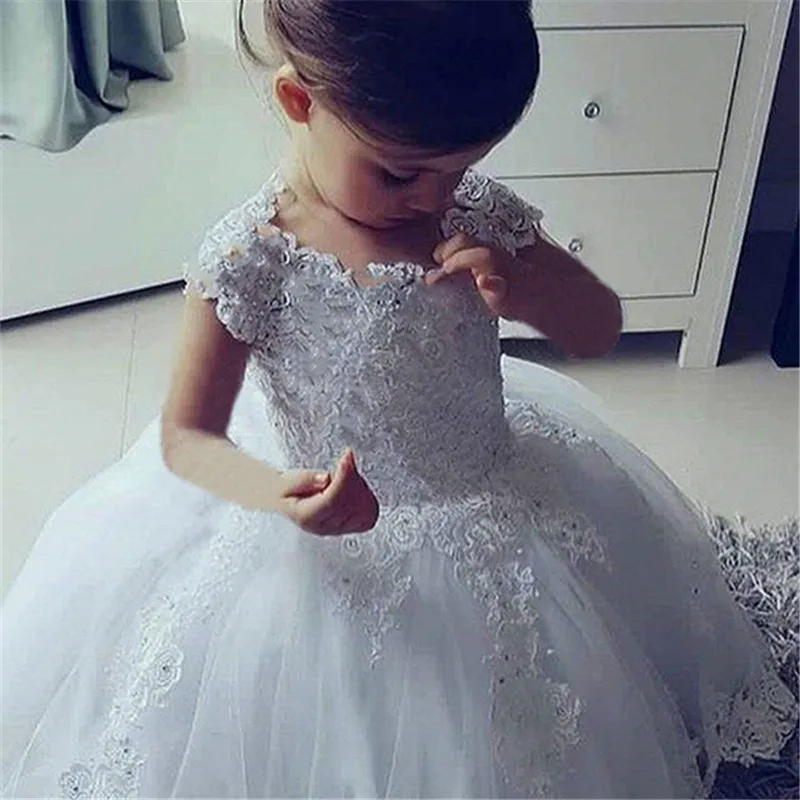 Бальное платье принцессы; Платья с цветочным узором для девочек с аппликацией из бисера; потрясающее милое белое платье для первого причастия для девочек