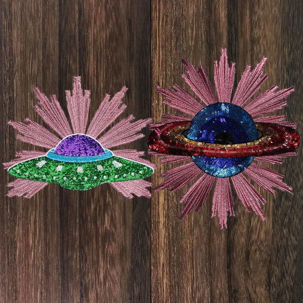 

1pc Sequin Globe Spacecraft Embroidery Patches Iron on Applique Clothes Badges Stick Clothes Decorated Sewing Sipplies TH1215
