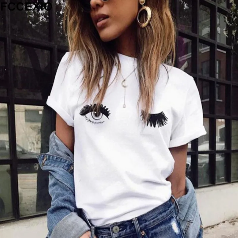 

FCCEXIO 2019 New Fashion Harajuku Eyelash Printed T shirt O Neck Casual Short Sleeve Womens Clothing Round Neck Tops Summer Tees