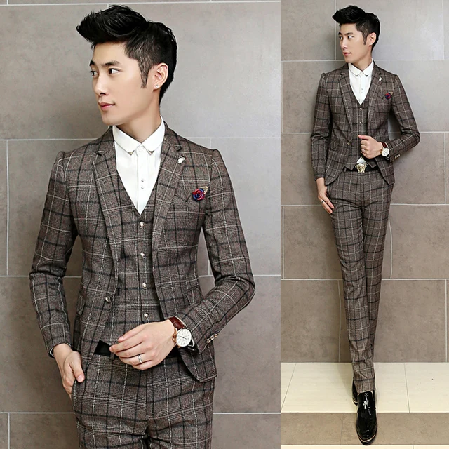 3 Piece Suits Mens Plaid Vintage Terno Masculino Formal Brown Trajes Hombre 3 Piece Suits Mens Plaid Vintage Terno Masculino Formal Brown Trajes Hombre
