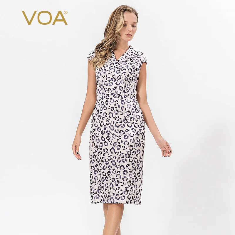 

VOA Summer 100% Heavy Silk Women Slim Pencil Dress Sexy Short Sleeve Suit Collar Animal Print Office Blazer Dress Vestido A2059