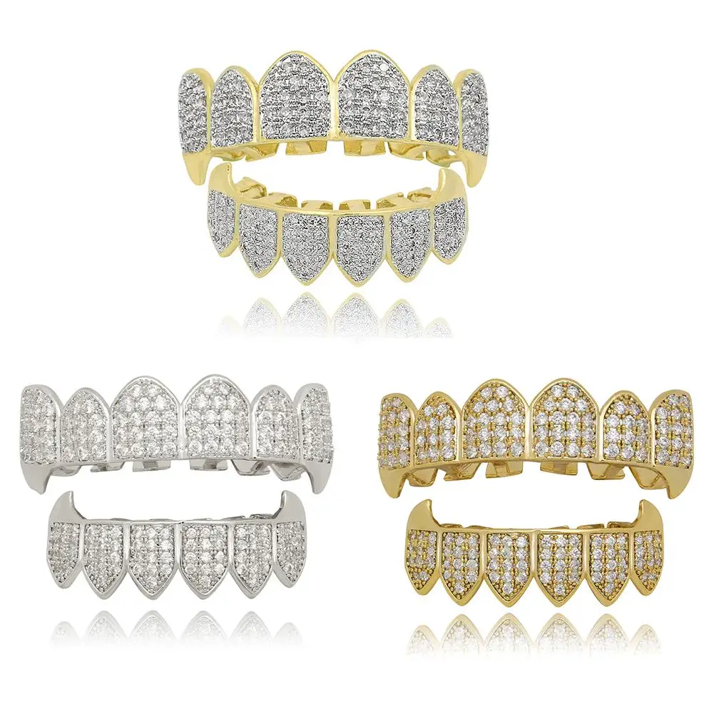 

Shining Hip Hop Grillz Iced Out CZ Fang Mouth teeth grills Caps Top & Bottom tooth Set Men Women Vampire Grills Fashion Jewelry