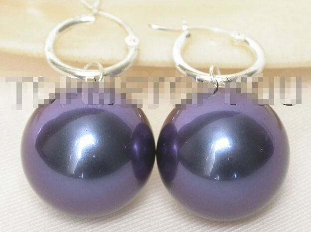 

-hot Dangle big 20mm navy blue round sea shell pearls earring 925sc hook E57