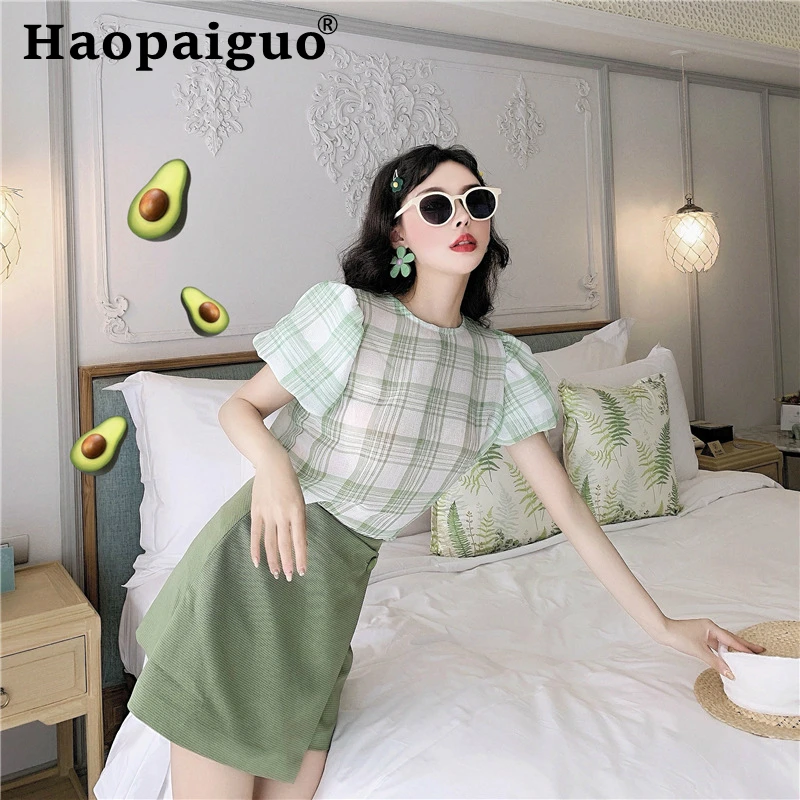 Chic Style Brief Women Two Piece Set Print Plaid Chiffon Blouse and Sheath Asymmetrical Mini Skirt Streetwear Ladies 2 Piece Set Chic Style Brief Women Two Piece Set Print Plaid Chiffon Blouse and Sheath Asymmetrical Mini Skirt Streetwear Ladies 2 Piece Set