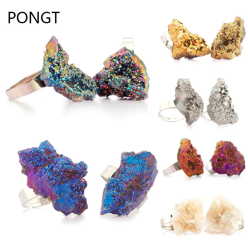 

New fashion rainbow titaium druzy natural stone ring rough drusy quartz crystals adjustable female ring for best friends gifts