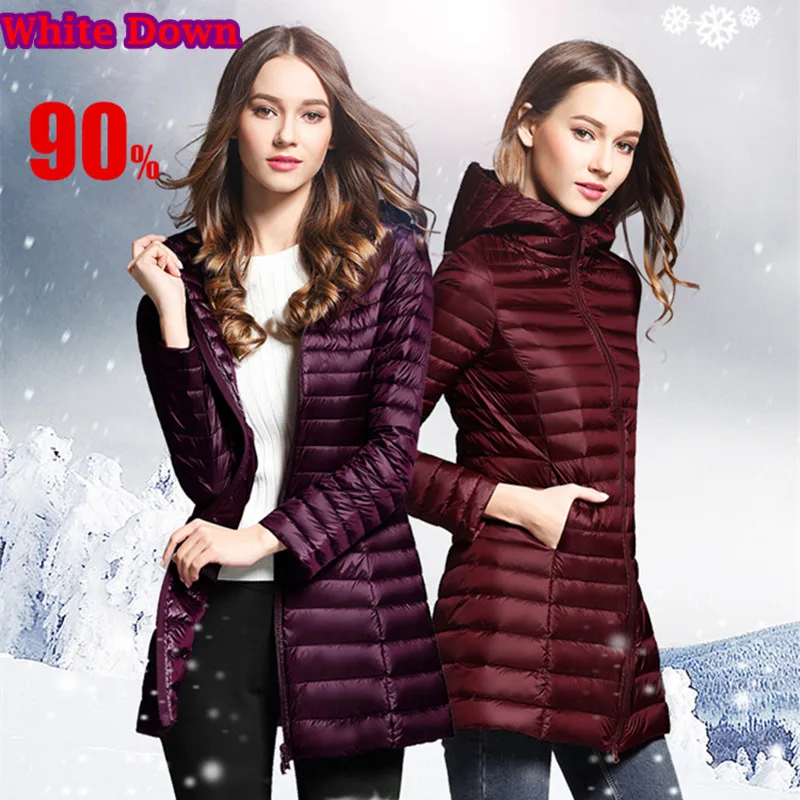 Vente 90% duvet de canard blanc femmes Ultra léger doudoune 2019 hiver nouveau femmes Long manteau Parka avec capuche