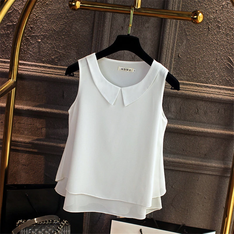 Модные женские блузки без рукавов Питер Пэн с воротником-рубашкой для женщин Шифон Блузка Плюс Размер 5XL blusas mujer de moda