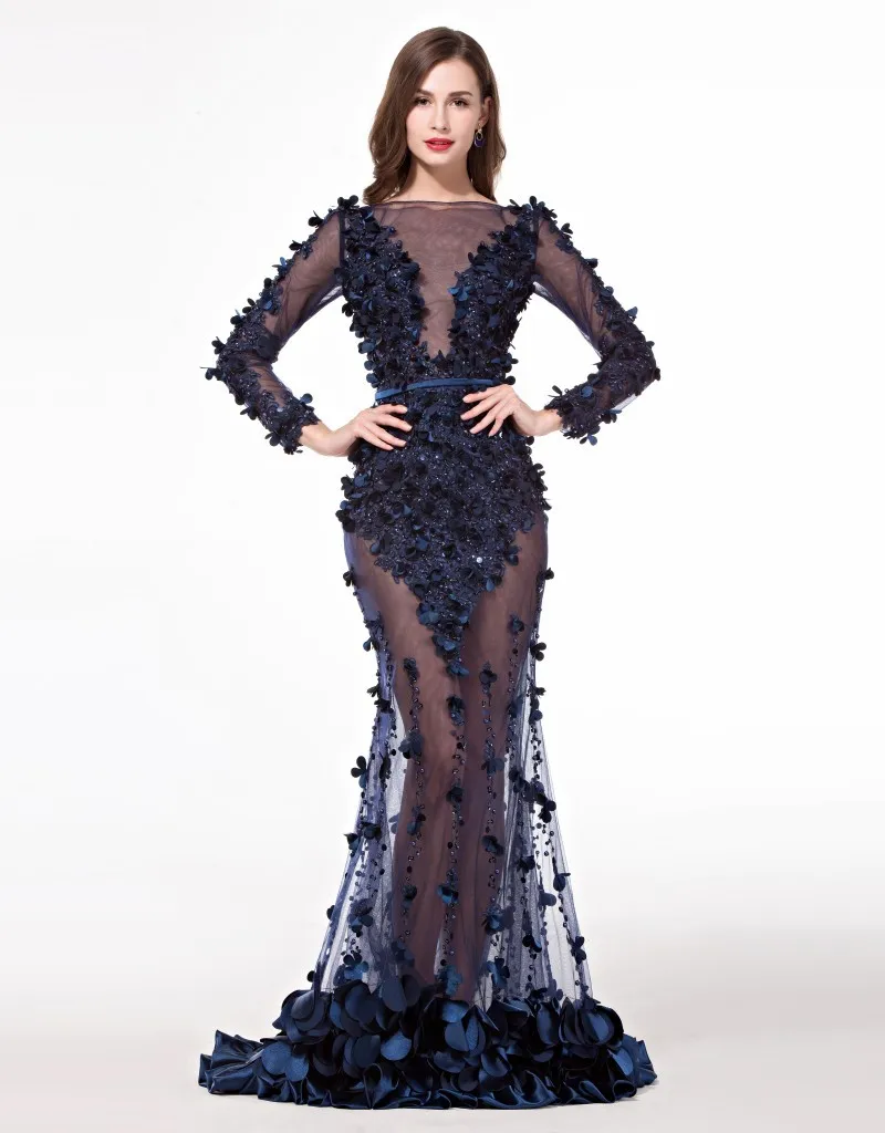 Real Picture Vestidos de Gala Navy Blue Long Sleeve