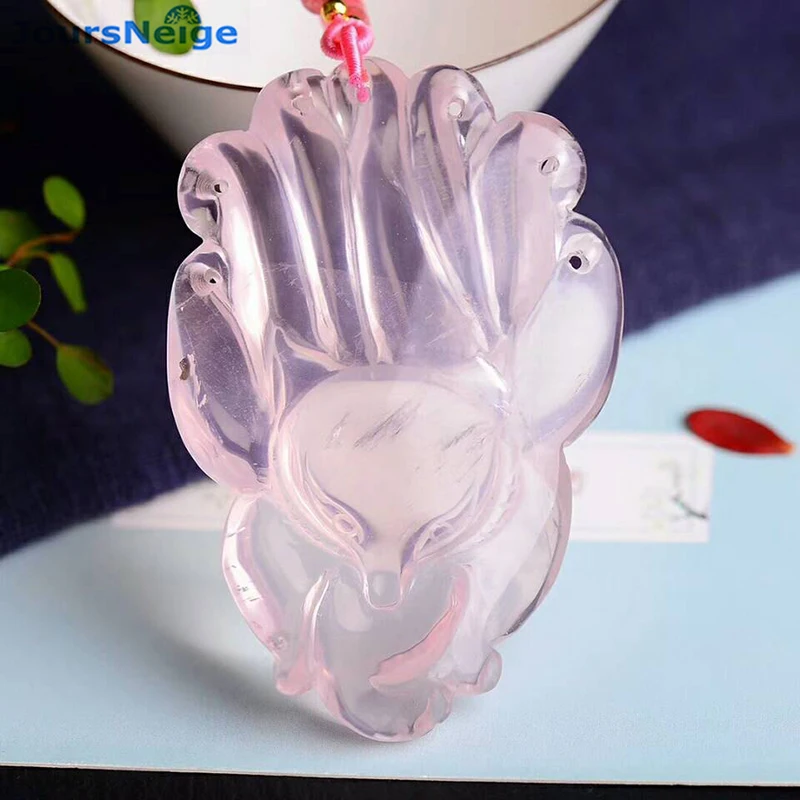 

Wholesale Light Pink Natural Crystal Pendant Hand Carved Nine Tail Fox Sweater Chain Necklace Lucky for Women Crystal Jewelry