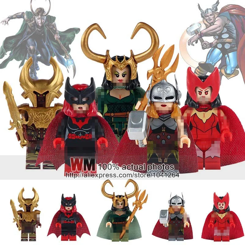 

WM6024 Super Heroes Lady Knight Loki Thor Heimdallr Scarlet Witch Building Blocks Collection Children Toys