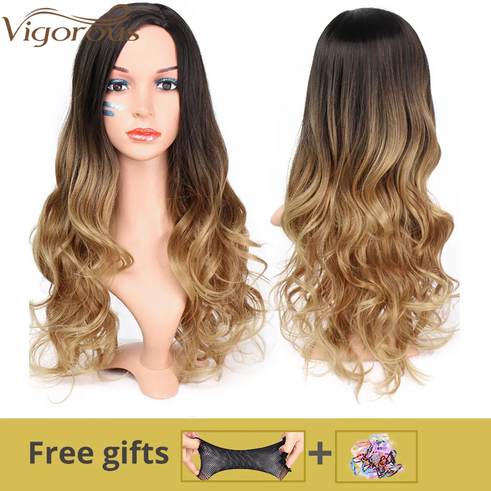 Peluca de fiesta de Cosplay para Mujeres Negras/blancas de pelo sintético de parte de pelo Natural peluca ondulada marrón larga
