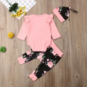 2019 Newborn Baby Girls Sets Autumn Clothes Ruffles Long Sleeve Romper+Floral Pants+Hat Girl 3Pcs Baby Girl Cotton Outfits 0-24M 6