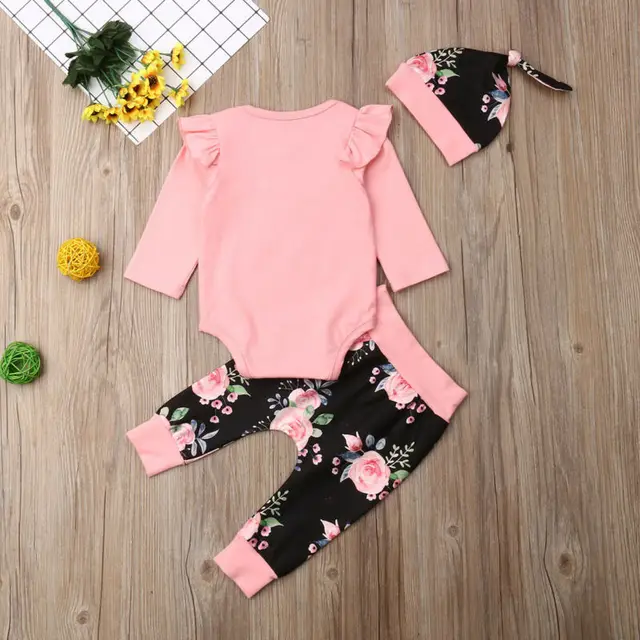 2019 Newborn Baby Girls Sets Autumn Clothes Ruffles Long Sleeve Romper+Floral Pants+Hat Girl 3Pcs Baby Girl Cotton Outfits 0-24M 6