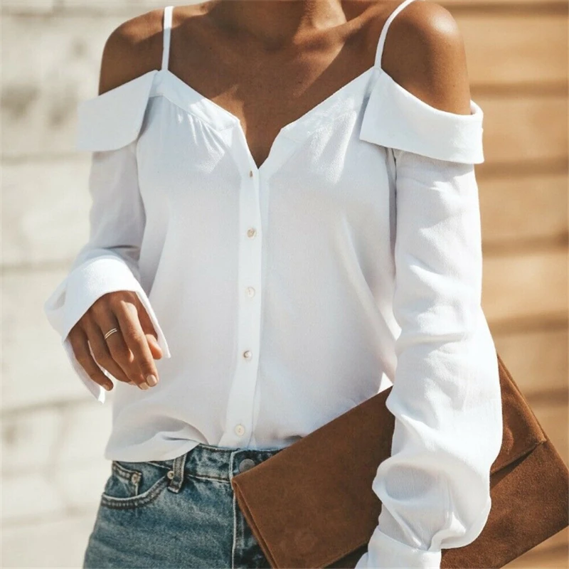 

Fashion Women Blouses 2019 Summer Office Lady Black White Shirts Long Sleeve Off Shoulder Buttons V Neck Blouse Plus Size Tops