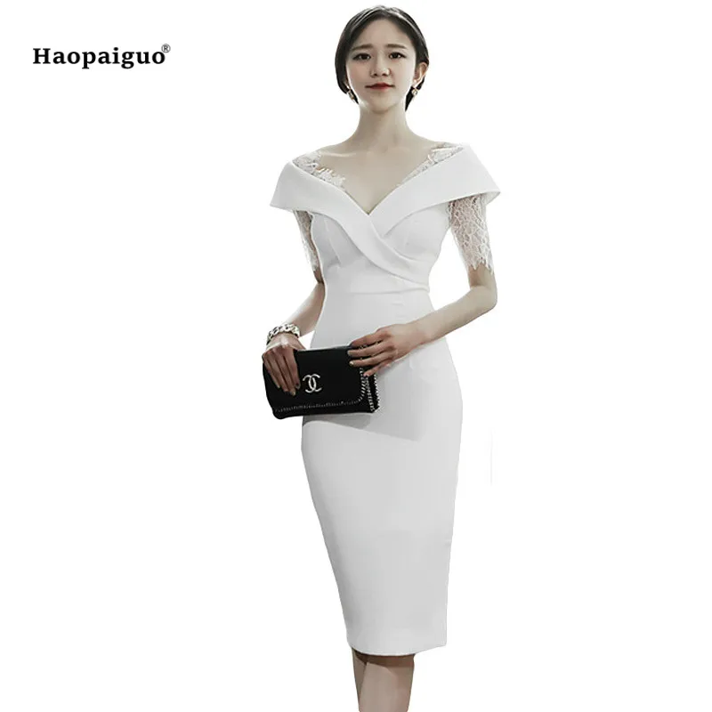

Women Pencil Dress Summer White Black Short Lace Sleeve Off the Shoulder Slash Neck Elegant Office Dress Casual Party Dresses