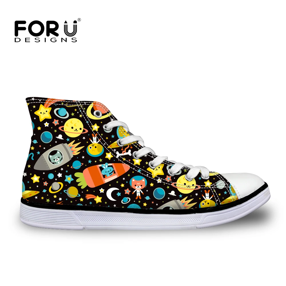 

FORUDESIGNS Black Women Casual High Top Vulcanize Shoes Cartoon Universe Space Prints Classic Lace-up Canvas Shoes for Ladies