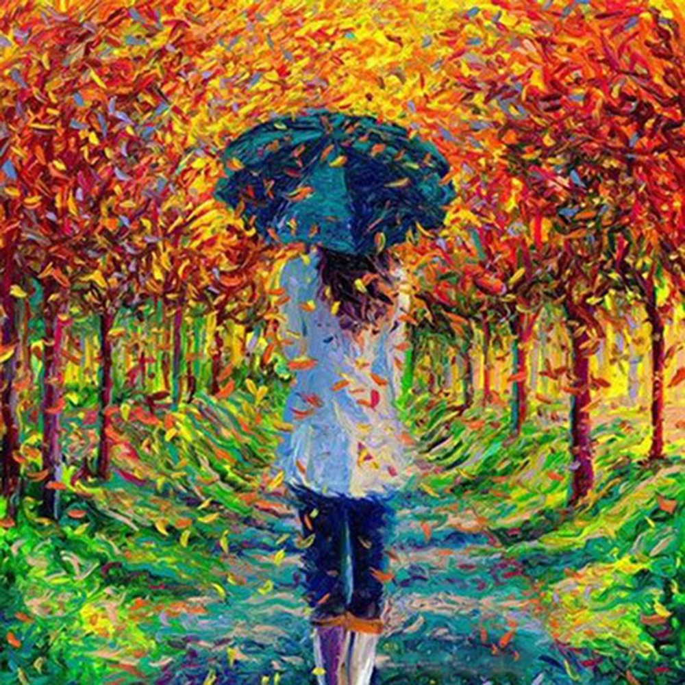осень люди под зонтом. человек в пейзаже акварелью. акварель девушка в парке. айрис скотт художница. осенние прогулки в живописи ольги дарчук.