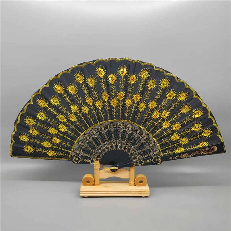 

Bead Fabric Colored Chinese Folding Peacock Embroidered Flower Pattern Black Cloth Folding Hand Fan